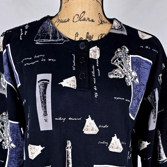 CHAUS SPORT Nautical Print Long Sleeve Henley Shirt Women's Size L Navy Sailing - Picture 2 of 11